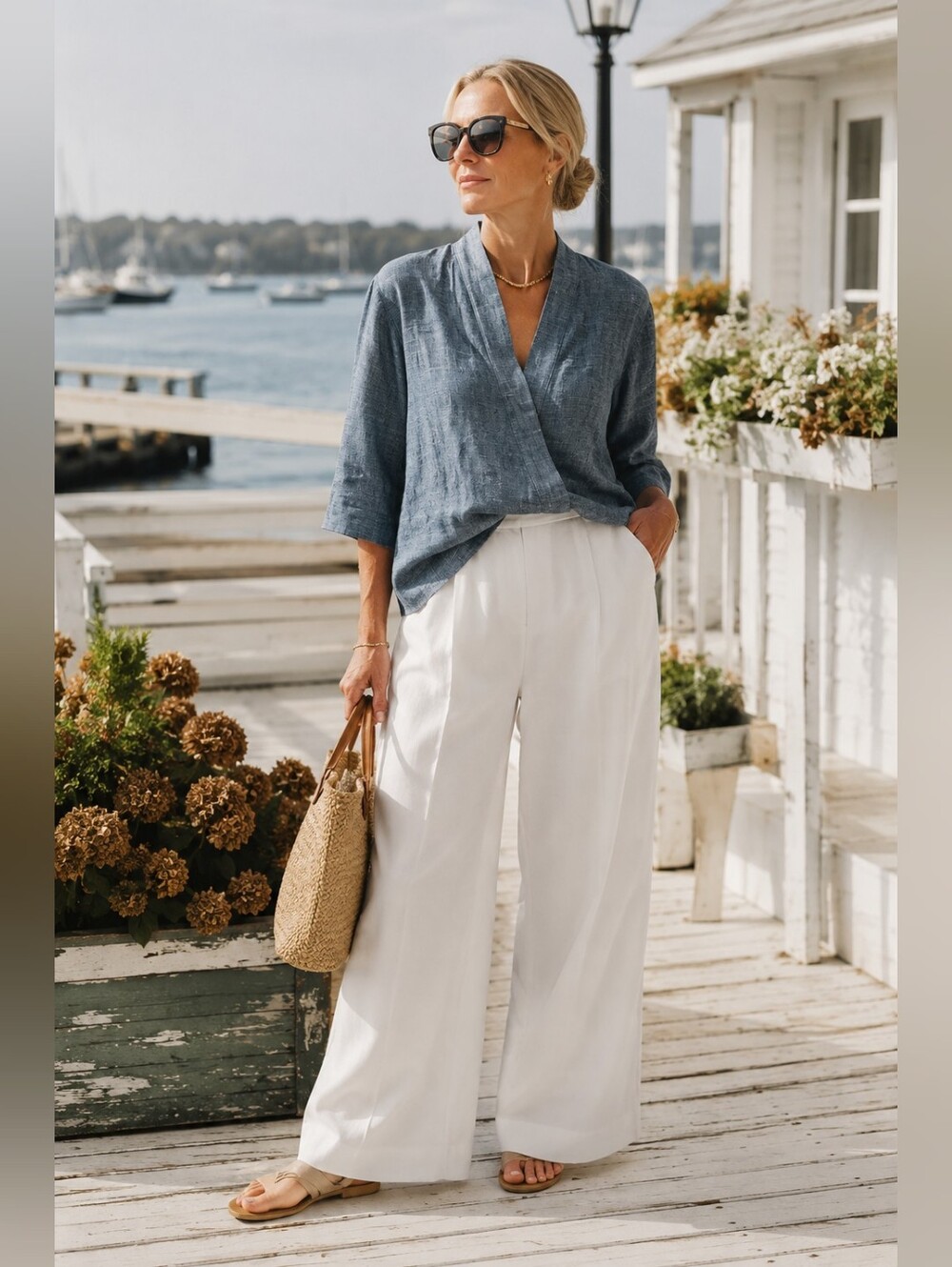 OZMA Kimono Wrap Top Hemp Organic Cotton Blend Quiet Luxury Coastal Women's M